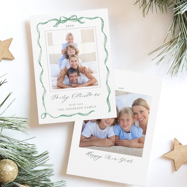 Wavy Green Ribbon Bow Frame 2 Foto Weihnachten (Front & Back)