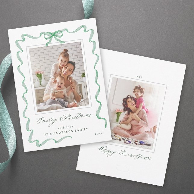Wavy Green Ribbon Bow Frame 2 Foto Weihnachten (Front & Back)