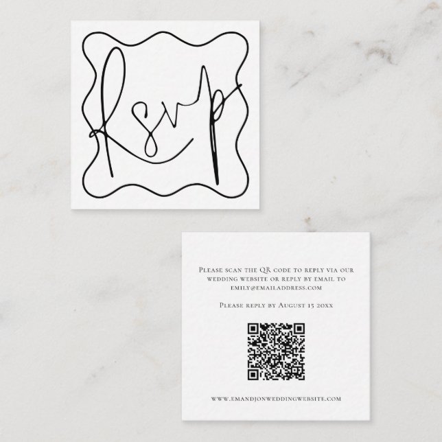 Wavy Line Border Script QR Code Wedding RSVP Begleitkarte (Vorne/Hinten)