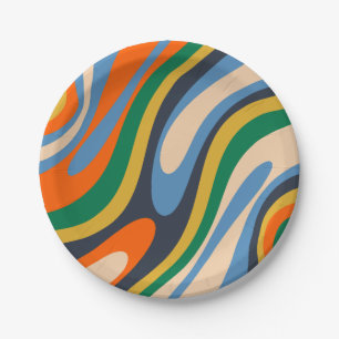 Wavy Loops Retro Abstraktes mehrfarbiges Muster Pappteller