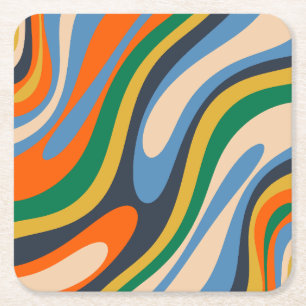 Wavy Loops Retro Abstraktes mehrfarbiges Muster Rechteckiger Pappuntersetzer