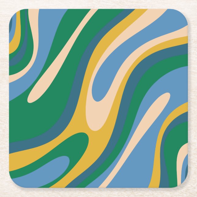 Wavy Loops Retro Abstraktes Muster Blau Grün Rechteckiger Pappuntersetzer (Vorderseite)