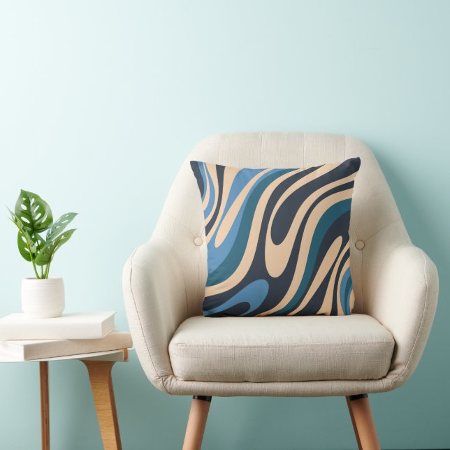 Wavy Loops Retro Abstraktes Muster Blau und Beige Kissen (Stuhl )