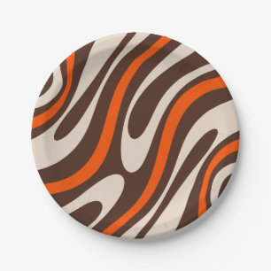 Wavy Loops Retro Abstraktes Muster Braun und Orang Pappteller