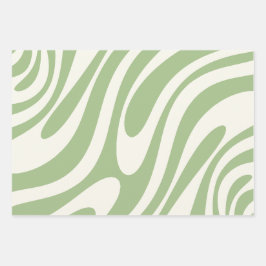 Wavy Loops Retro-Abstraktes Muster in Light Sage Geschenkpapier Set