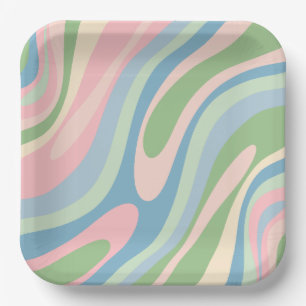 Wavy Loops Retro Abstraktes Muster Pastellfarben B Pappteller