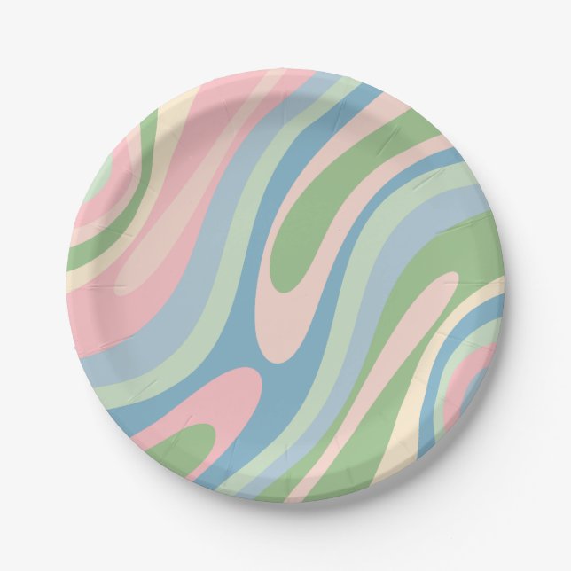 Wavy Loops Retro Abstraktes Muster Pastellfarben B Pappteller (Vorderseite)