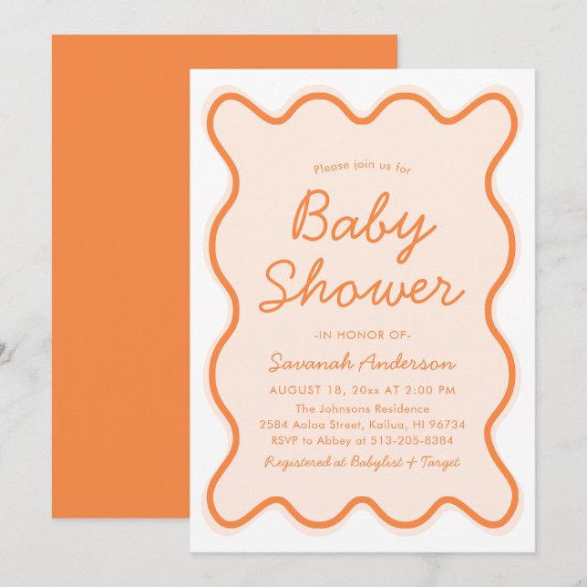 Wavy moderne, kurvenreiche Retro Peach Fuzz Baby D Einladung (Vorne/Hinten)