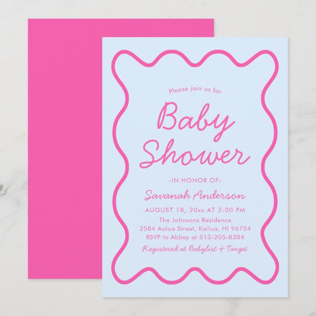 Wavy Moderne, kurvenreiche Retro Pink Blue Baby Du Einladung (Vorne/Hinten)