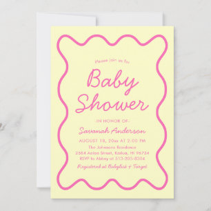 Wavy moderne, kurvenreiche Retro Rosa Gelbe Babydu Einladung