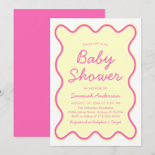 Wavy moderne, kurvenreiche Retro Rosa Gelbe Babydu Einladung
