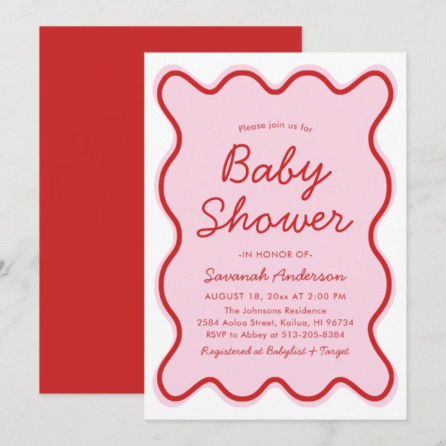 Wavy moderne, kurvenreiche Retro Rosa und Red Baby Einladung (Vorne/Hinten)