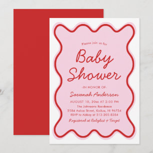 Wavy moderne, kurvenreiche Retro Rosa und Red Baby Einladung