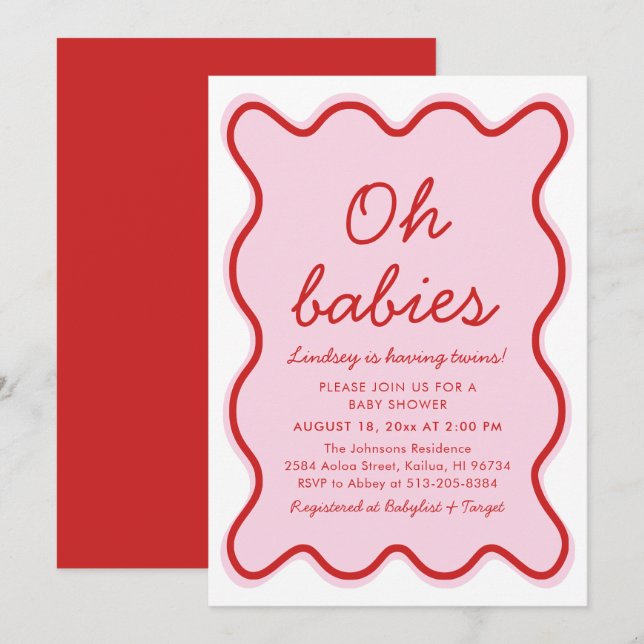 Wavy moderne, kurvenreiche Retro Rosa und Red Baby Einladung (Vorne/Hinten)