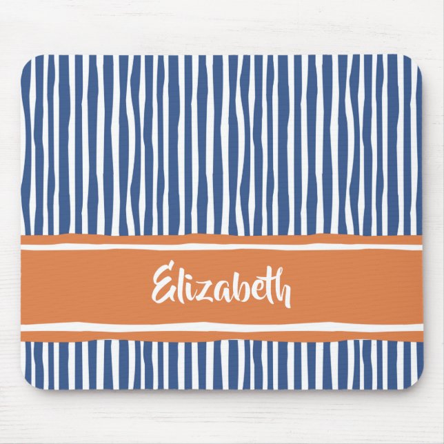 Wavy Painterly Stripes Orange und Blau mit Namen Mousepad (Vorne)