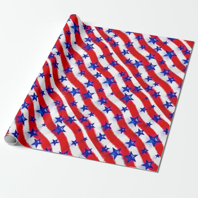 Wavy Patriotische blaue Sterne über rot-weiße Stre Geschenkpapier (Ungerollt)
