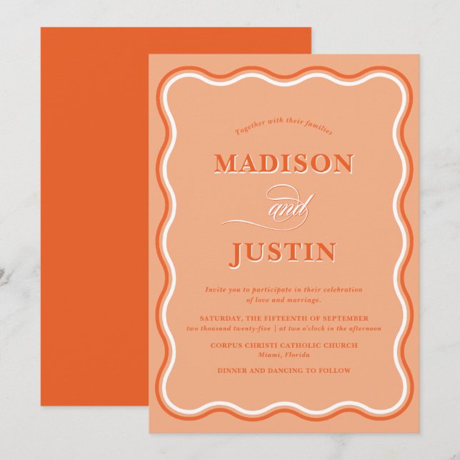 Wavy Peach Orange Wedding Einladung (Vorne/Hinten)