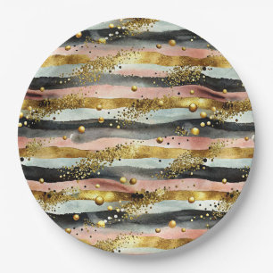 Wavy Pink & Black Streifen mit Gold Glitzer Pappteller
