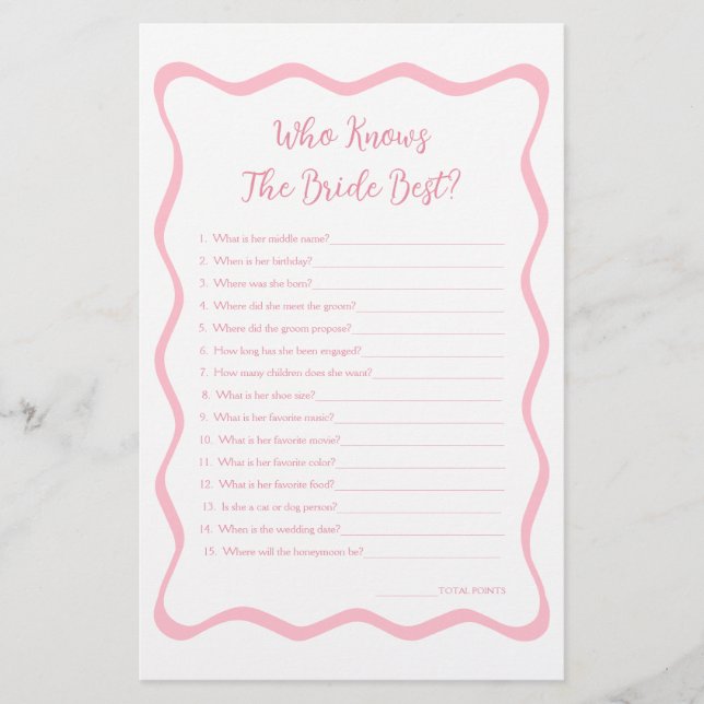 Wavy Pink Brautparty Game, das Braut am besten ken (Vorderseite)