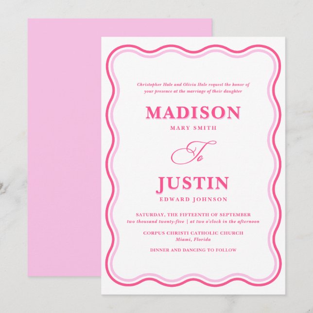 Wavy Pink Wedding Einladung (Vorne/Hinten)