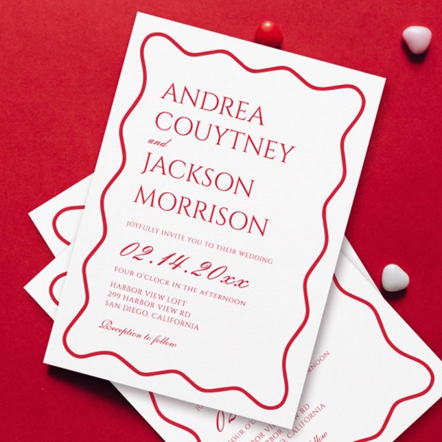 Wavy Red and White Valentines Wedding Einladung (Von Creator hochgeladen)