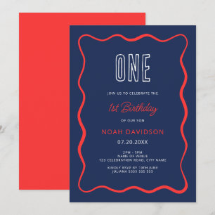 Wavy Red et Blue 1er anniversaire Invitation