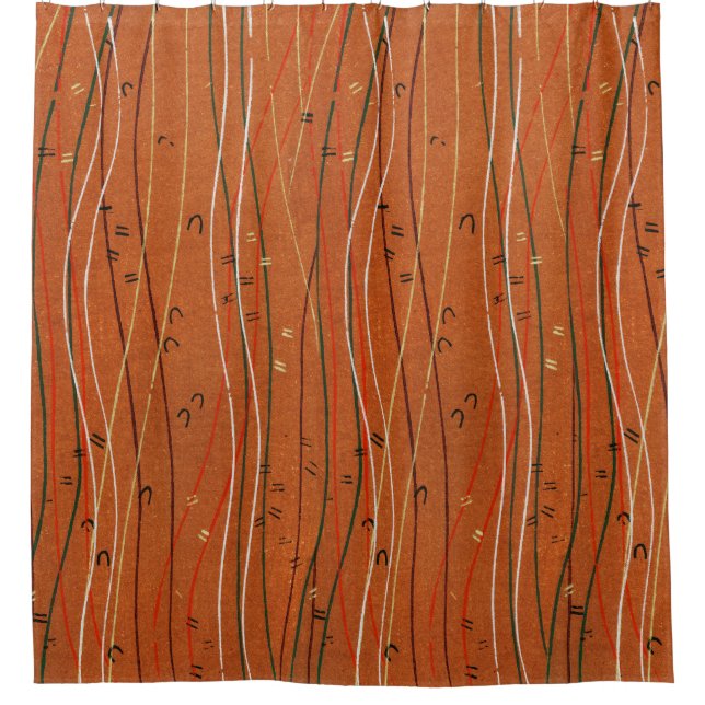 Wavy Red Strips: Moderne japanische Abstrakte Kuns Duschvorhang (Vorderseite)