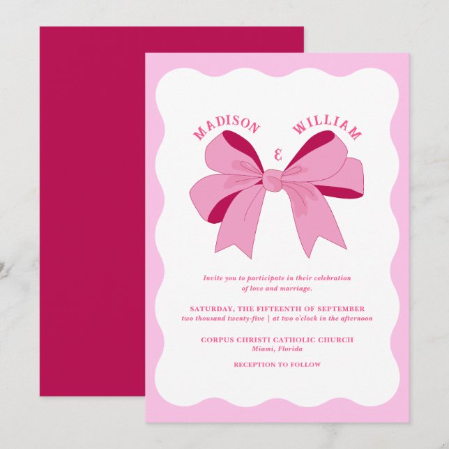 Wavy Retro Rosa Hochzeit Einladung (Vorne/Hinten)