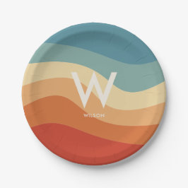 Wavy Retro Strip Monogram Persönliches Party Pappteller
