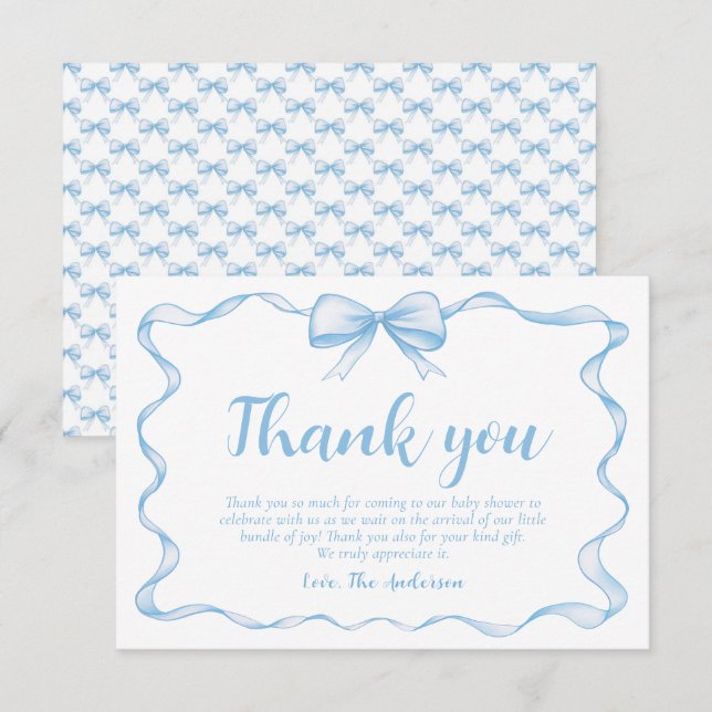 Wavy Ribbon Frame Dusty Blue Bow Baby Dusche Dankeskarte (Vorne/Hinten)