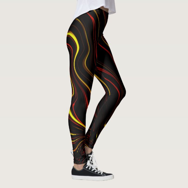 Wavy rote goldene lange Striche auf dunklem Hinter Leggings (Rechts)
