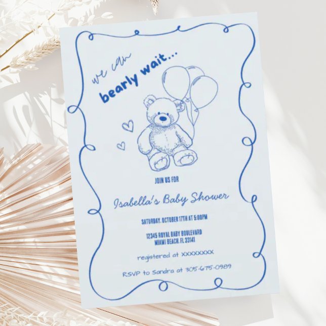 Wavy Scribble Hand Drawing Bearly Wait Baby Dusche Einladung (Von Creator hochgeladen)