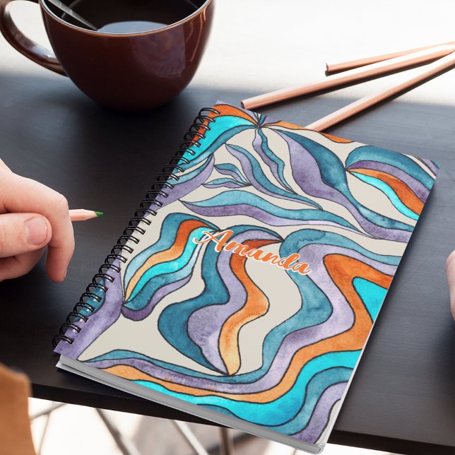 Wavy Script Blue Name Groovy Retro Zurück zur Schu Notizbuch (Front)