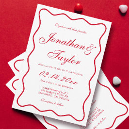 Wavy Script Red und White Valentine Wedding Einladung