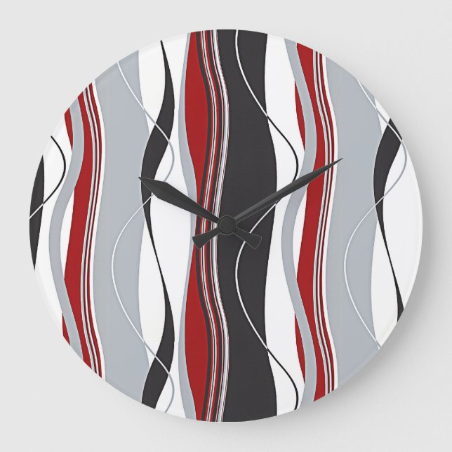 Wavy Vertical Stripes Red Black White & Grey Große Wanduhr (Vorderseite)