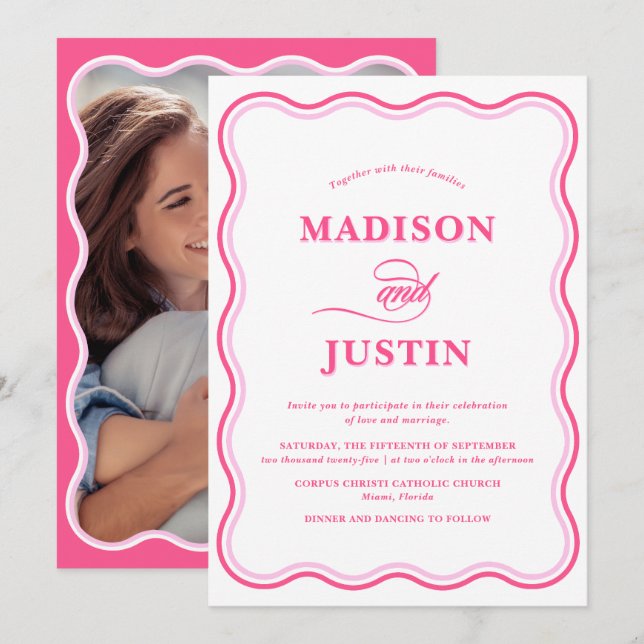 Wavy Wedding Pink Foto Einladung (Vorne/Hinten)