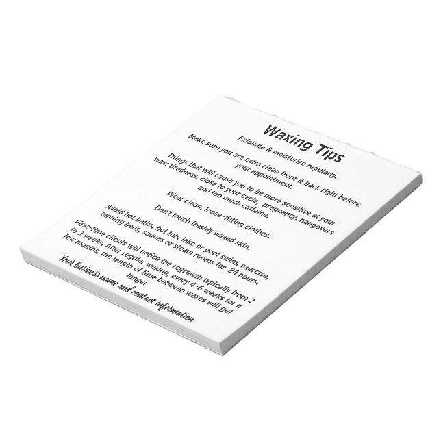 Waxing take home aftercare sheets notizblock (Rotiert)