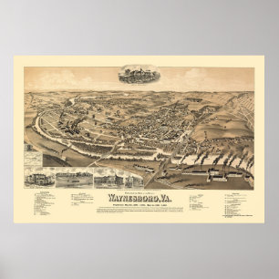 Waynesboro, VA Panorama Karte - 1891 Poster