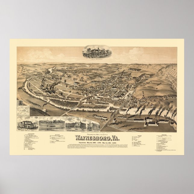Waynesboro, VA Panorama Karte - 1891 Poster (Vorne)