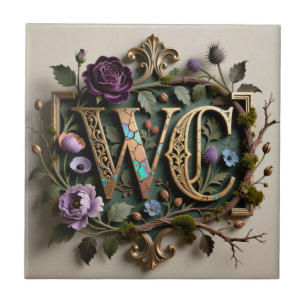 WC-Monogramm Antike Florale Goldplakette Fliese