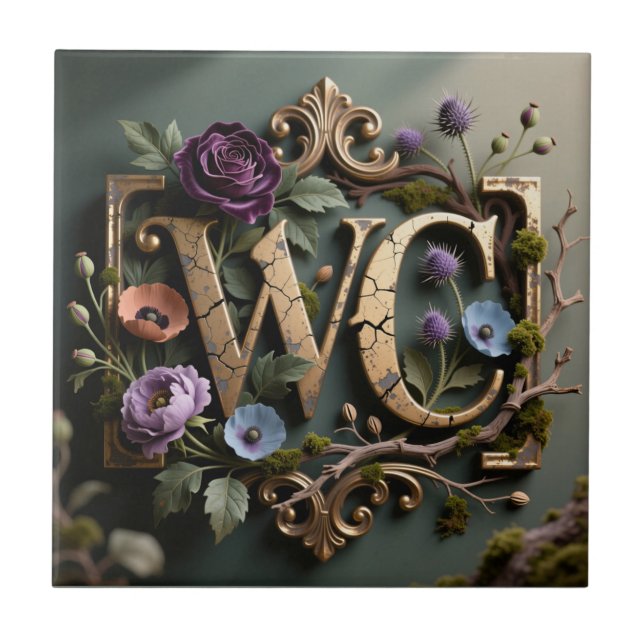 WC-Monogramm im antiken Blumen-Schild gerahmt Fliese (Vorderseite)