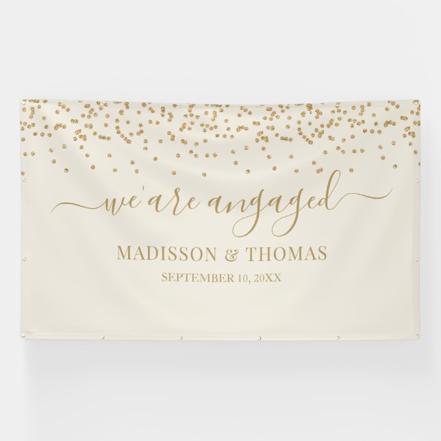We are Engaged cream glitter gold backdrop Banner (Horizontal)
