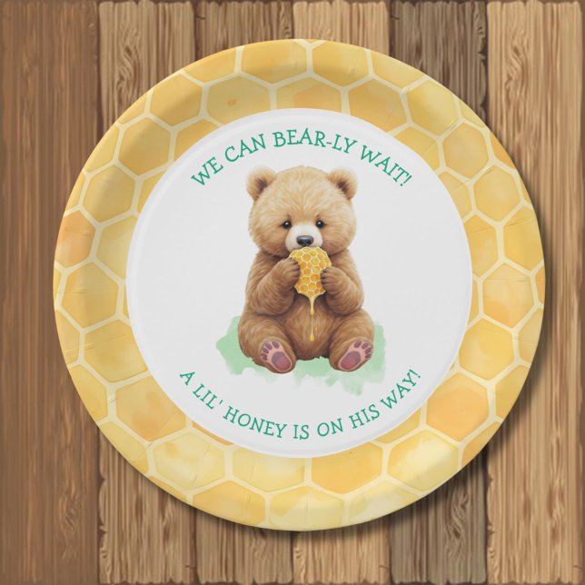 We Can Bear-ly Wait! Bear and Honey Baby Shower Pappteller (Von Creator hochgeladen)