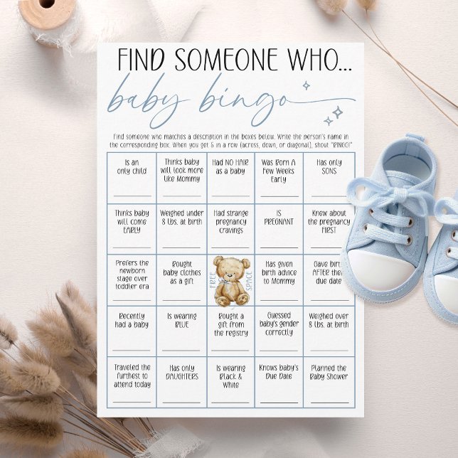 We Can Bearly Wait Baby Boy Shower Bingo Game Card Einladung (We can bearly wait watercolor teddy bear blue baby boy shower Find Someone Who fun bingo game card)