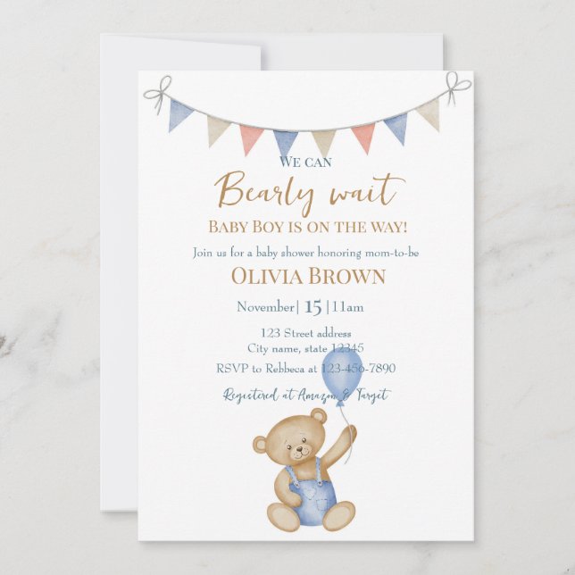 We Can Bearly Wait Baby Boy Shower Invitation (Devant)