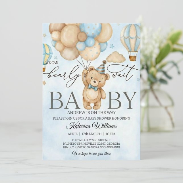 We Can Bearly Wait Bear Balloon Baby Shower Einladung (Stehend Vorderseite)