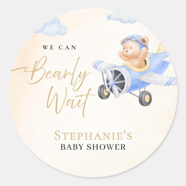We Can Bearly Wait, Bear in Plane Baby Shower  Runder Aufkleber (Vorderseite)
