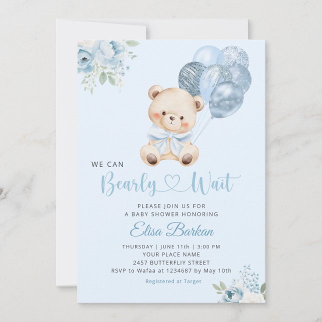 We Can Bearly Wait Blue Balloon Boy Baby Shower  Einladung (Vorderseite)