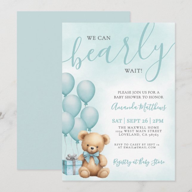 We Can Bearly Wait Blue Bear Baby Shower Einladung (Vorne/Hinten)