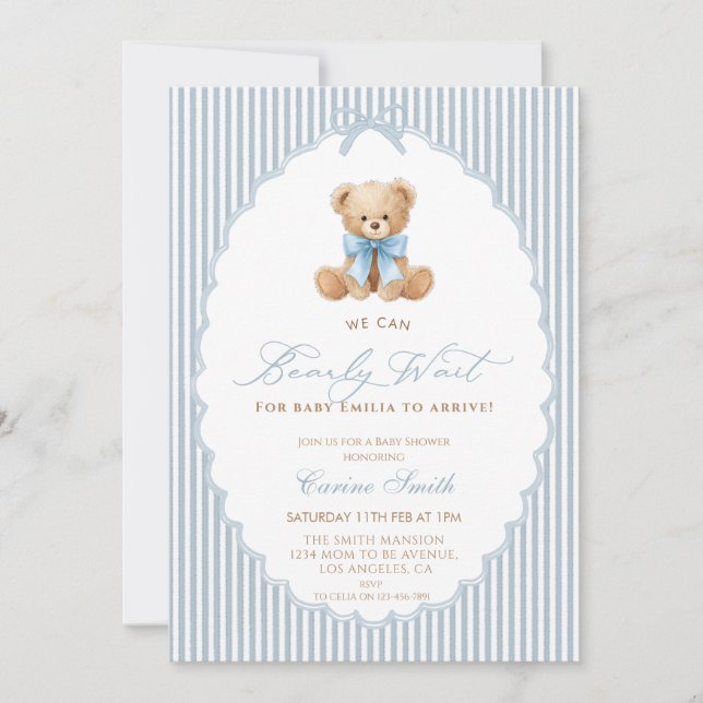 We Can Bearly Wait blue bow Boy Baby Shower Einladung (Vorderseite)